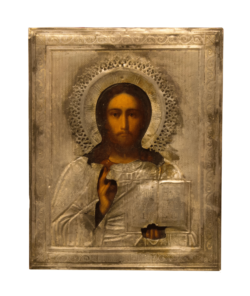 Icona del Pantocrator, raffigurante Cristo con espressione autorevole e mano benedicente, incarnando la divina sovranità e benevolenza.